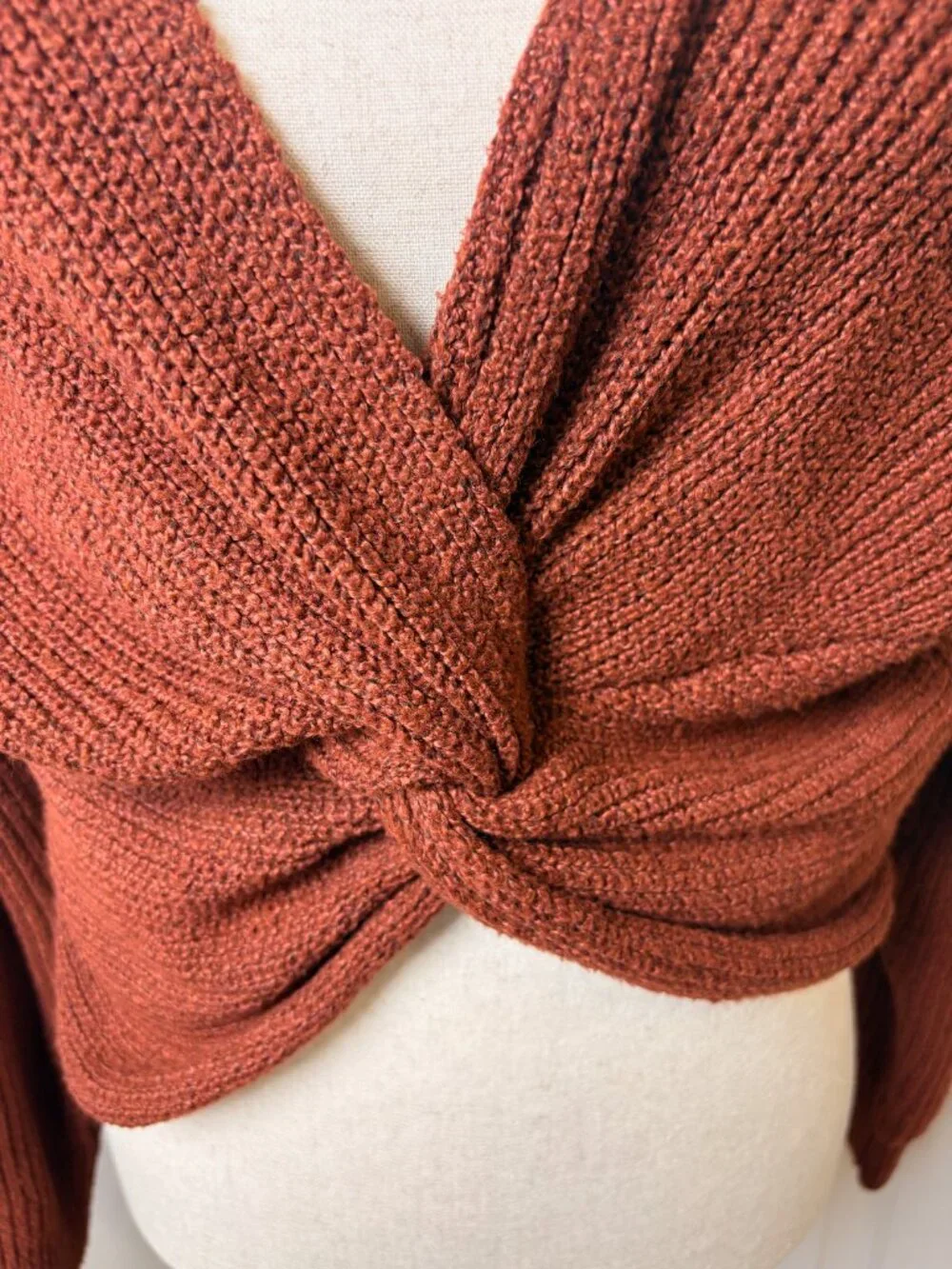 Rust Brown Twist Front Cropped Dolman Sleeve Knit Sweater Medium